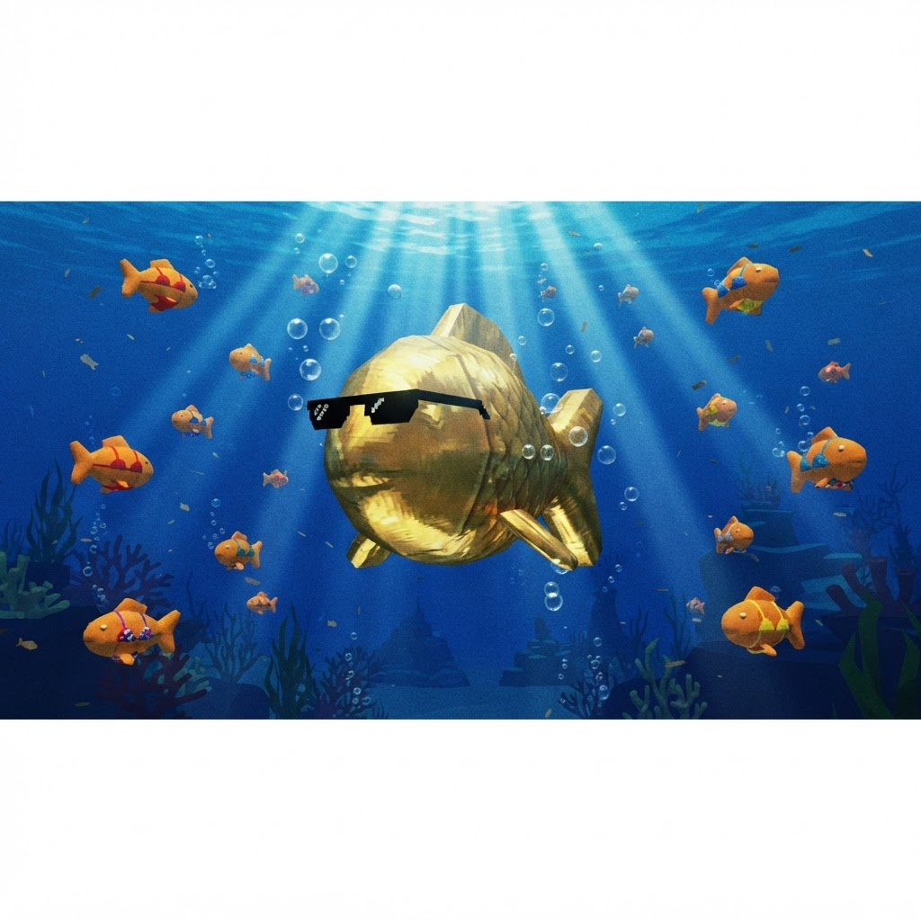 GLDfish, a chrome-gold goldfish mascot wearing sunglasses, swimming underwater surrounded by tiny goldfish in bikinis